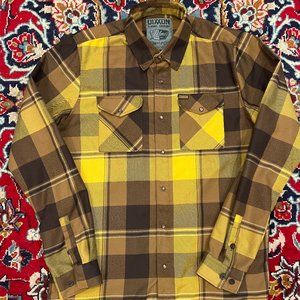 DIXXON Flannel Shirt Yellow Brown Button Up Snap Large Tall Mens